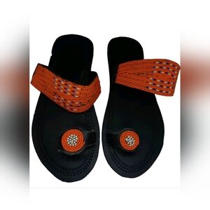 handmade leather beaded sandals Tangerine  and Black Sandals